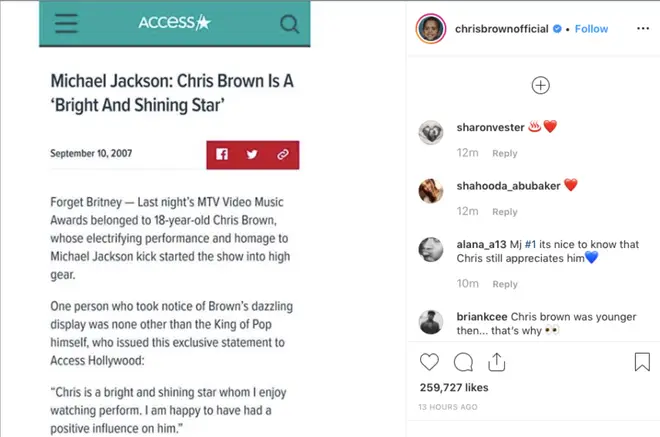 Chris Brown shares Michael Jackson article where the 'King of Pop' praises him