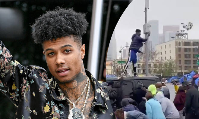 Blueface has been criticised for throwing money at homeless people in LA.