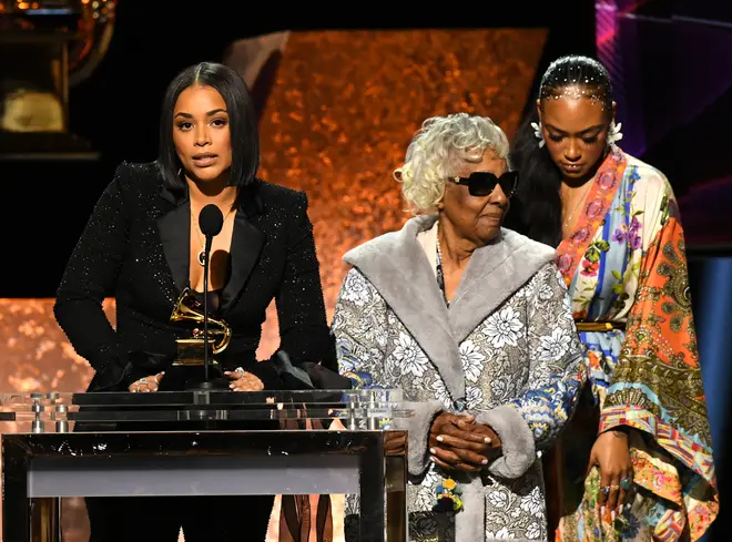 Nipsey&squot;s widow Lauren London and his family accepted his posthumous award for Best Rap Performance for "Racks in the Middle".