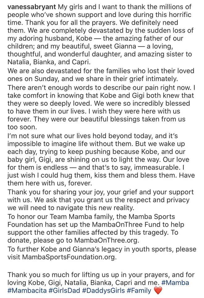 "My girls and I want to thank the millions of people who’ve shown support and love during this horrific time. Thank you for all the prayers. We definitely need them," wrote Vanessa.