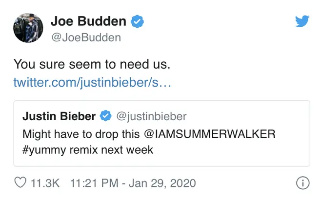The rapper responded after Justin Bieber teased his upcoming 'Yummy' remix with R&B singer Summer Walker.