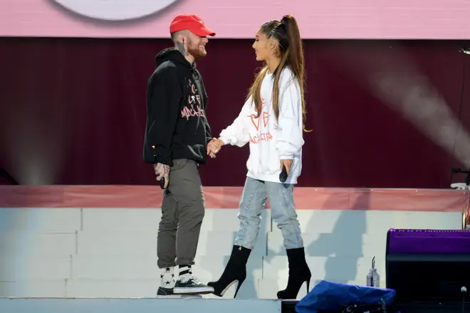 Mac Miller and Ariana Grande perform on stage on June 4, 2017 in Manchester, England.