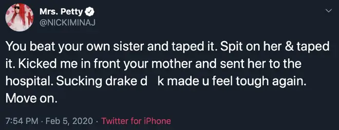 Nicki then accused Meek of beating her as well as his own sister, before suggesting he sent his own mother to hospital.