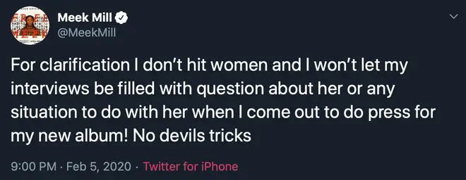 Meek refuted Nicki's claims and denied hitting women, and refuse to answer any questions about her during his upcoming press tour.