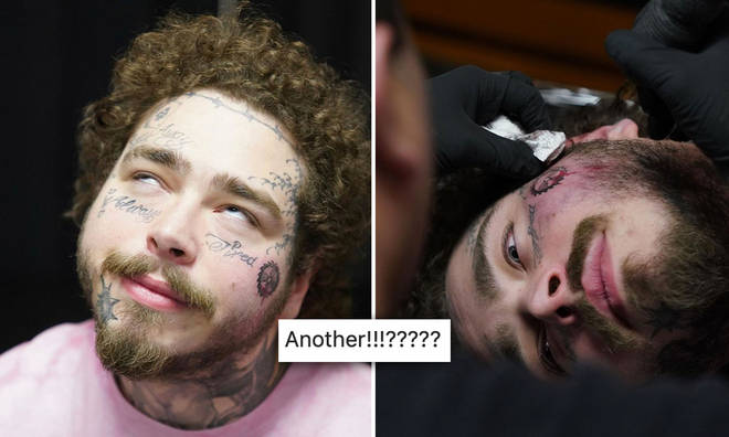 Post Malone shows off his new bloody buzzsaw face tattoo.
