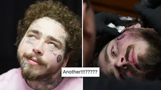 Post Malone shows off his new bloody buzzsaw face tattoo.