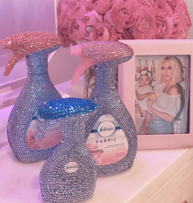 Khloe showed off her rhinestone bottles of Febreze next to a photo of her and daughter True, 1.