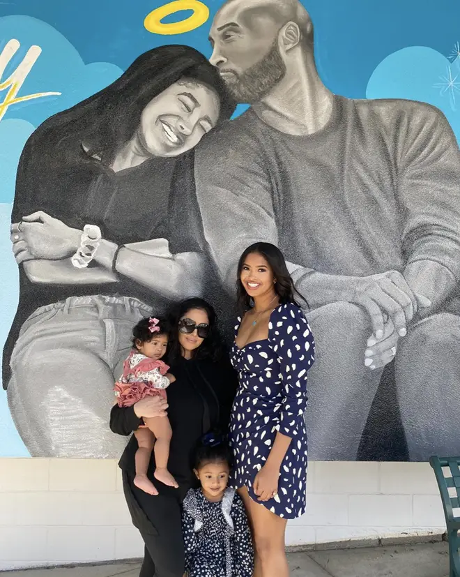 Vanessa Bryant and daughters Natalia, 17, Bianka, three, and Capri, eight months visited a mural of Kobe and Gianna.