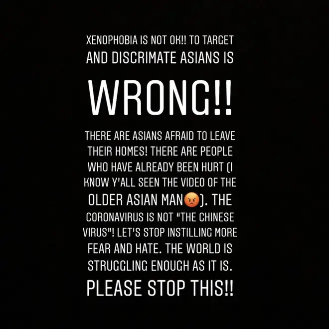 “Xenophobia is not ok!!” wrote Karrueche. “To target and discriminate against Asians is wrong!! There are Asians afraid to leave their homes!