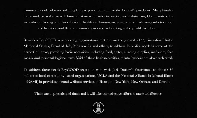 Beyoncé's BeyGOOD website announced the initiative with Twitter CEO Jack Dorsey.