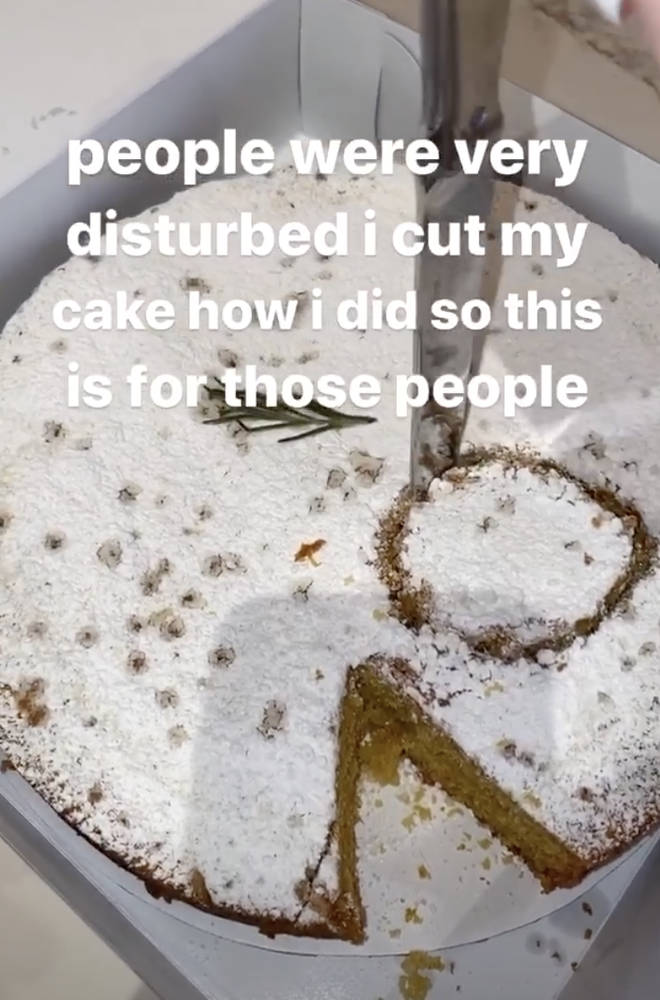 Kylie responded to people calling her out for cutting her cake in a weird way.