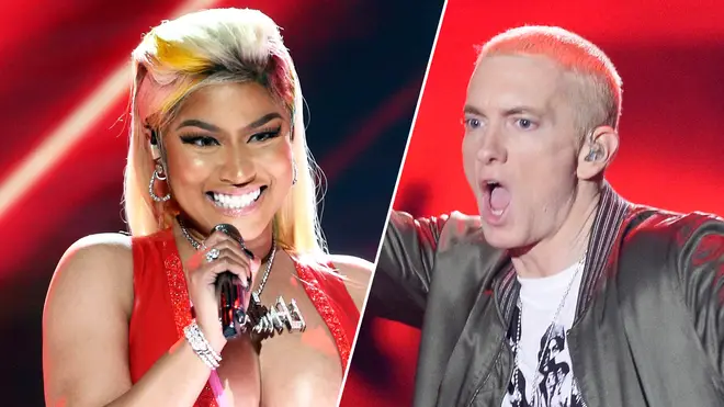 Nicki Minaj performs at the 2018 BET Awards/Eminem performs at the 2014 MTV Movie Awards.