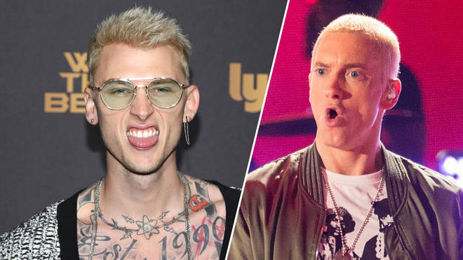 Machine Gun Kelly attends DJ Khaled's Birthday Presented by CÎROC / Eminem performs onstage at the 2014 MTV Movie Awards.