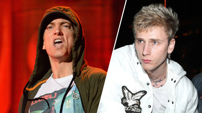 Eminem on stage during 2014 Lollapalooza Day One/Machine Gun Kelly attends IGA X BET Awards Party 2018.