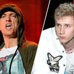 Eminem on stage during 2014 Lollapalooza Day One/Machine Gun Kelly attends IGA X BET Awards Party 2018.