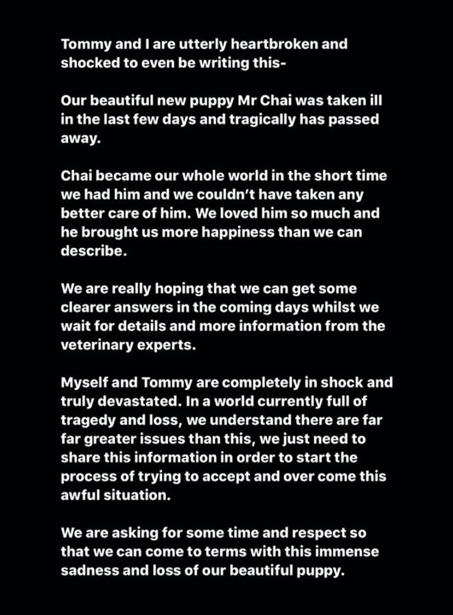 Molly-Mae wrote a statement on Instagram following the death of her puppy Mr Chai.