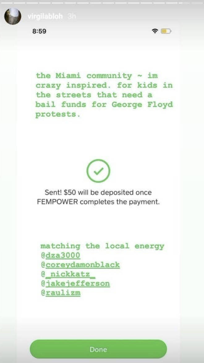 Virgil Abloh shares a screenshot of his donation on Instagram