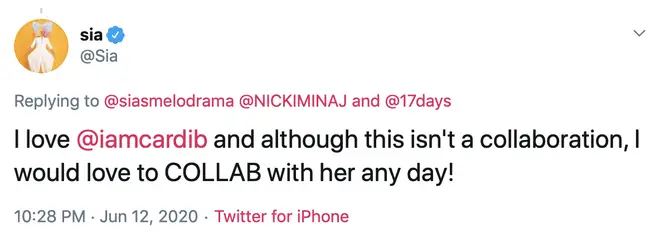 Sia tweeted about Cardi B in response to a user asking her about collaborating with Nicki Minaj.