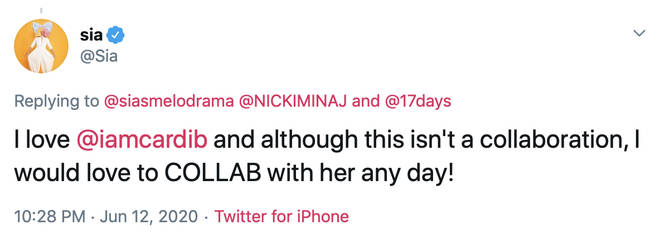 Sia tweeted about Cardi B in response to a user asking her about collaborating with Nicki Minaj.