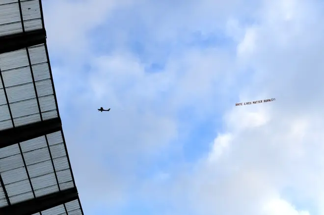 A plane flew over the Etihad Stadium with a banner reading 'White Lives Matter Burnley'  during a match between Manchester City and Burnley FC.
