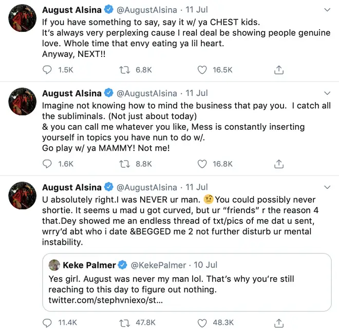 August Alsina claims he "curved" Keke Palmer during Twitter rant