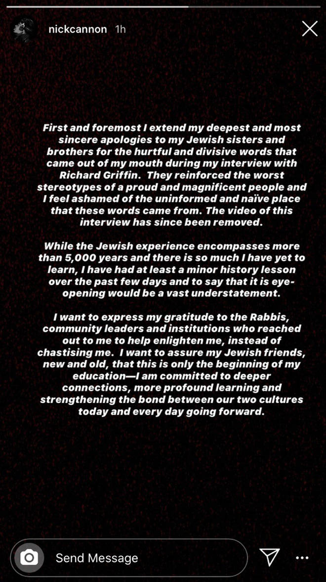 Nick Cannon issues an apology via an Instagram statement