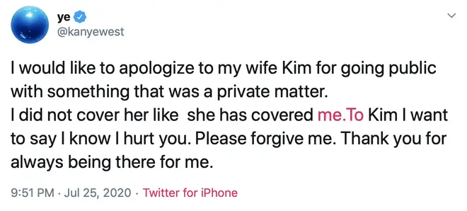 Kanye West apologised to his wife Kim Kardashian for hurting her over his tweeting spree last week.