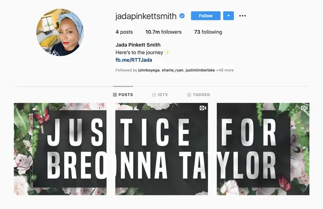 Jada Pinkett-Smith's posts have been placed by a message demanding justice for Breonna Taylor.