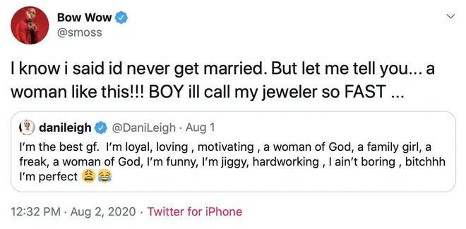 Bow Wow responded to DaniLeigh's tweeted suggesting he's ready to buy a wedding ring.