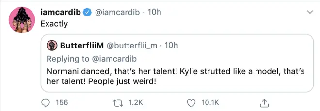 Cardi B agrees with fan who gave props to both Kylie and Normani for displaying their talents in the music video