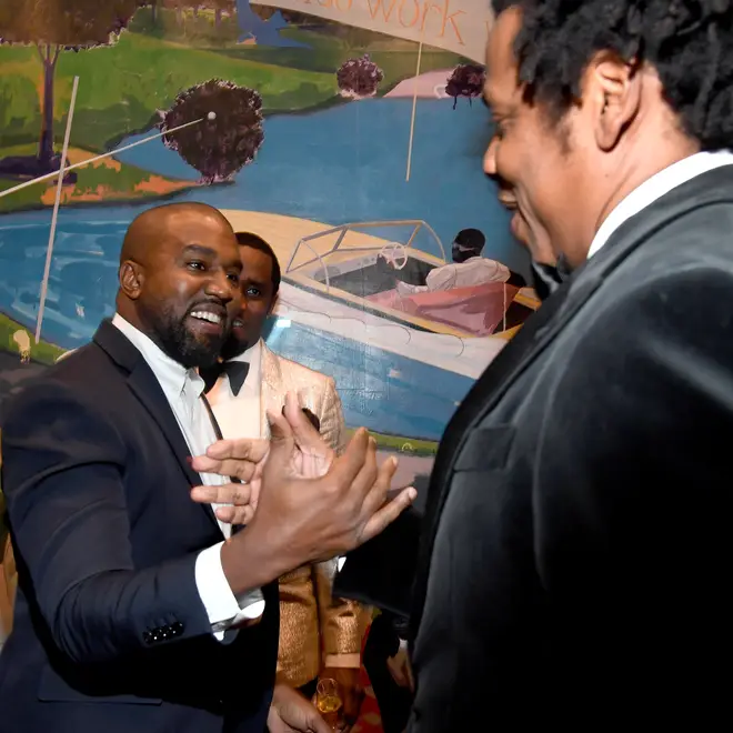 Kanye West and Jay-Z pictured together at Diddy's 50th birthday party.