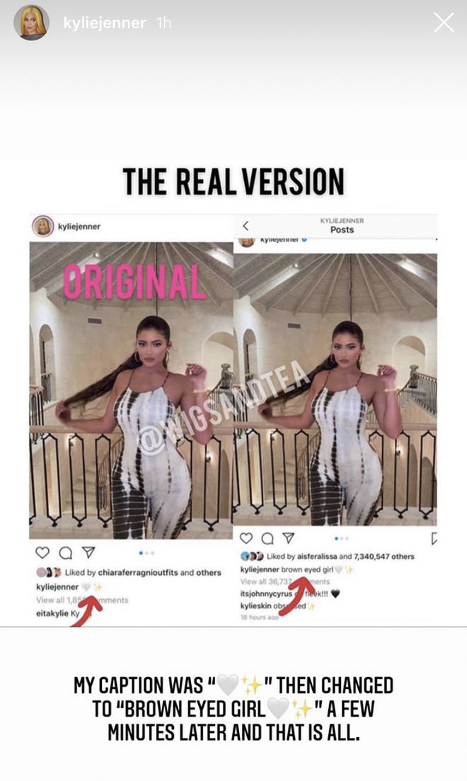 Jenner revealed that her original caption was simply a heart emoji, which she later changed to "brown eyed girl".