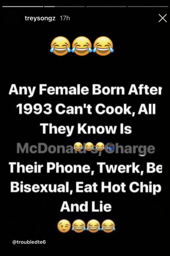"Any female born after 1993 can&squot;t cook, all they know is McDonalds, charge their phone, twerk, be bisexual, eat Hot Chip and lie," reads the post.