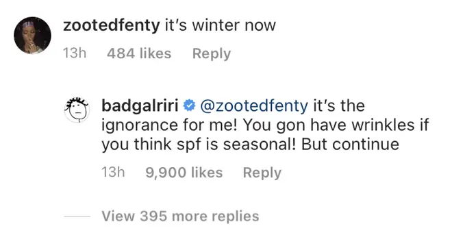 "You got have wrinkles if you think spf is seasonal! [sic]" wrote Rihanna.