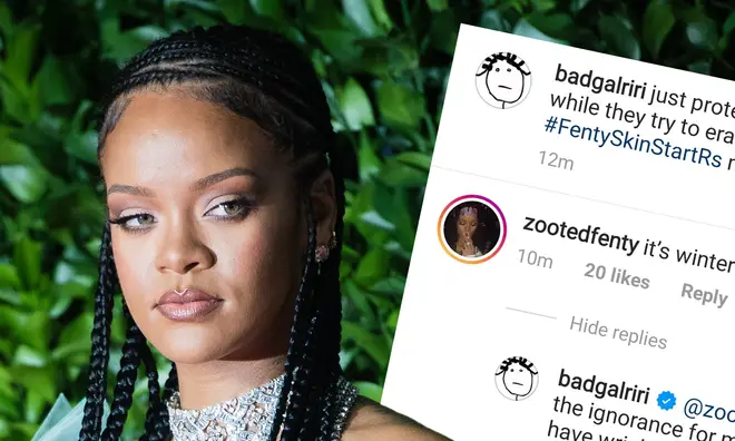 Rihanna claps back at "ignorant" fan over skincare jibe.