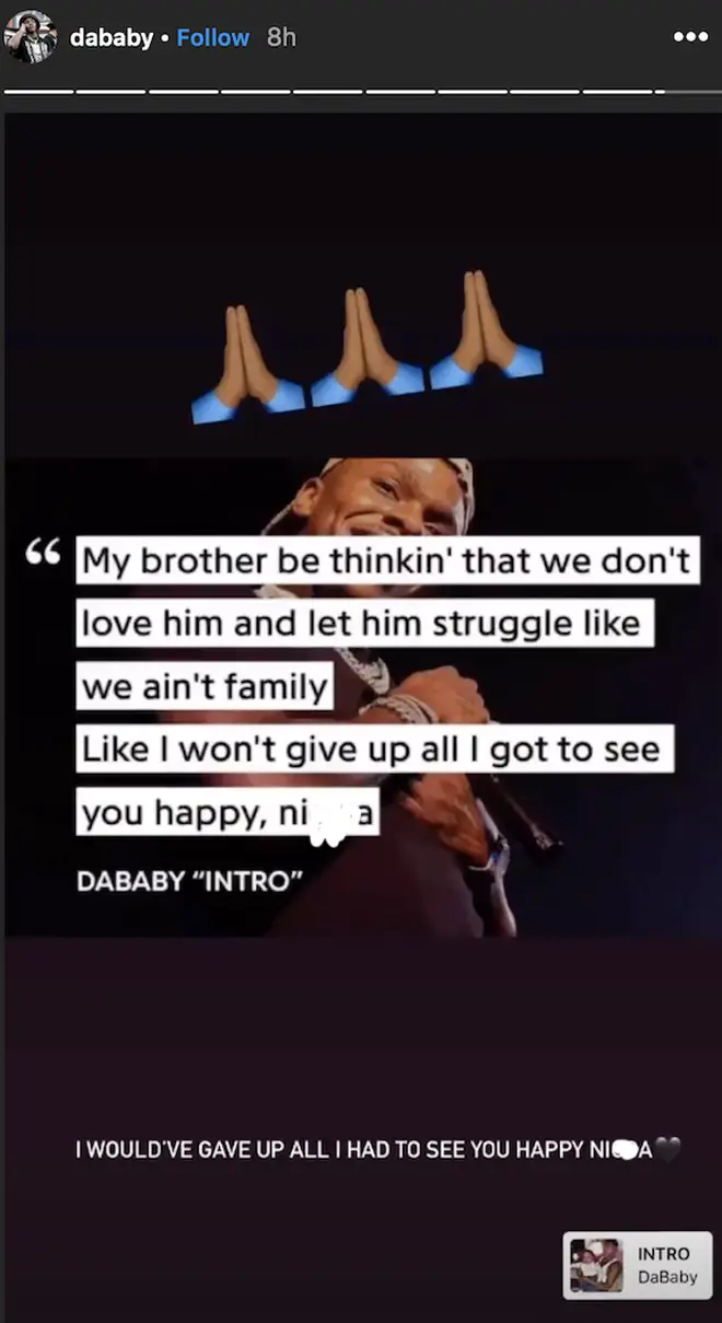 DaBaby pays heartbreaking tribute to his brother, Glen, on his Instagram story