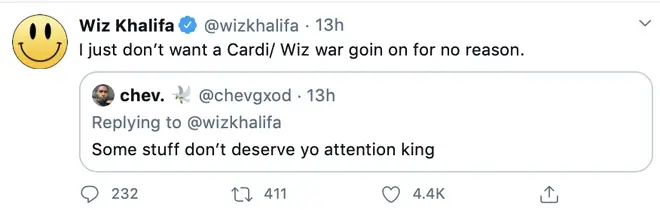 Wiz Khalifa makes it clear he doesn&squot;t want to "war" with Cardi B