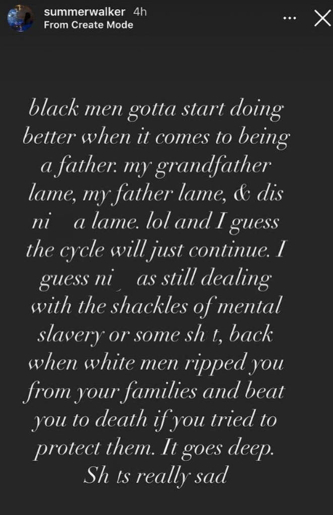Summer Walker further details her issues with "black men" on IG