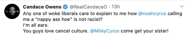 Candace Owen's responds to Noah Cyrus offensive comment on Twitter