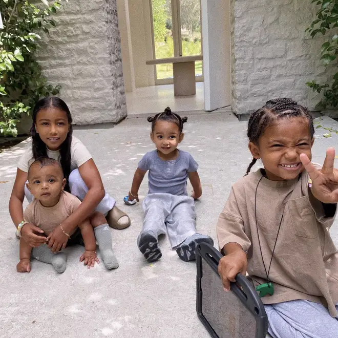 Kim and Kanye share four children: North West (top left), Saint West (right), Chicago West (centre), and Pslam West (bottom left).