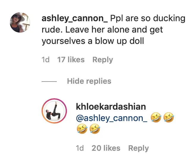 Clearly amused by the comment, Khloe responded with a series of laughing emojis.