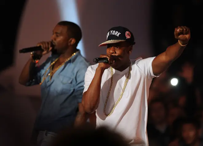 Kanye West and Jay-Z perform onstage during the 2011 MTV Video Music Awards