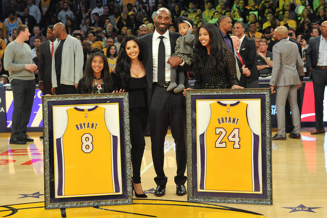 Kobe Bryant, wife Vanessa Bryant and daughters Gianna, Natalia, Bianka attend Kobe's jersey retirement