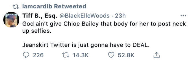 Cardi B retweets fans tweet, supporting Chloe Bailey after her IG Live