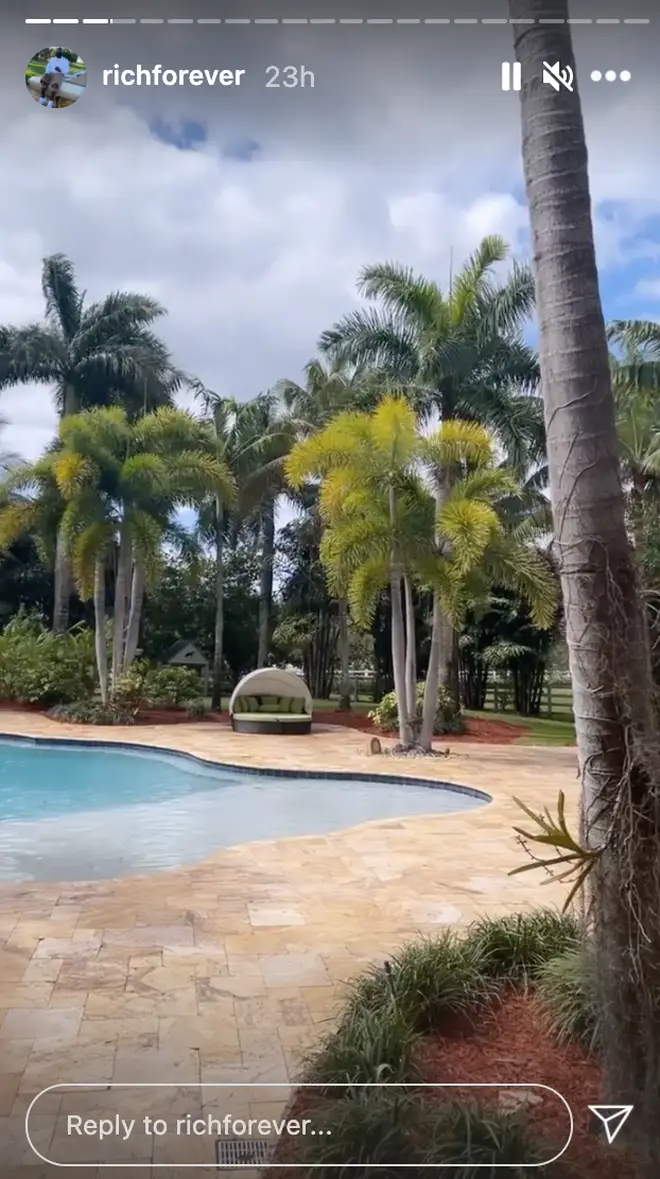 The outside of Rick Ross' home boasts multiple swimming pools.