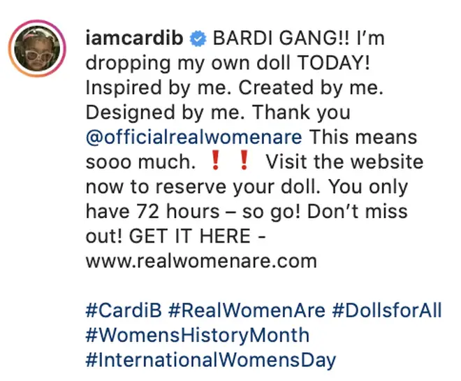 Cardi B reveals she's releasing her doll on Instagram