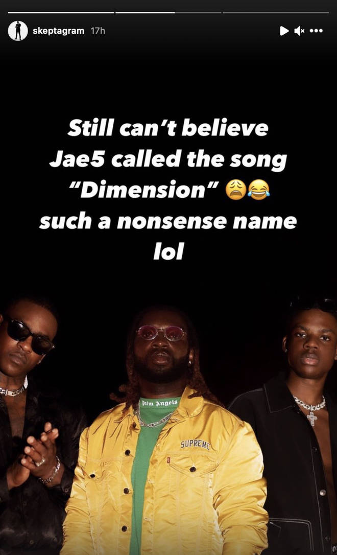 Skepta makes a joke about the song title 'Dimensions' on IG