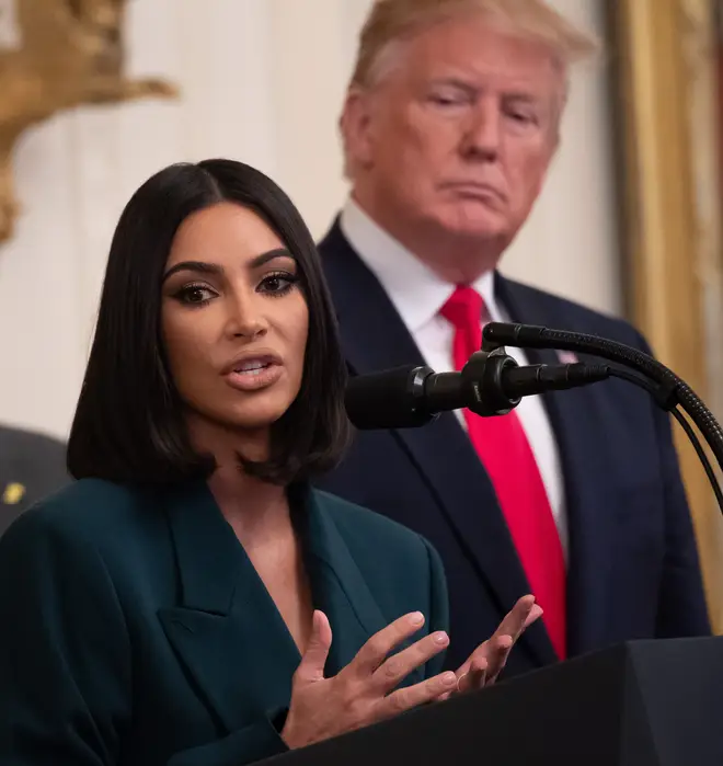 Kim Kardashian talks criminal justice reform alongside US President Donald Trump in June 2019.
