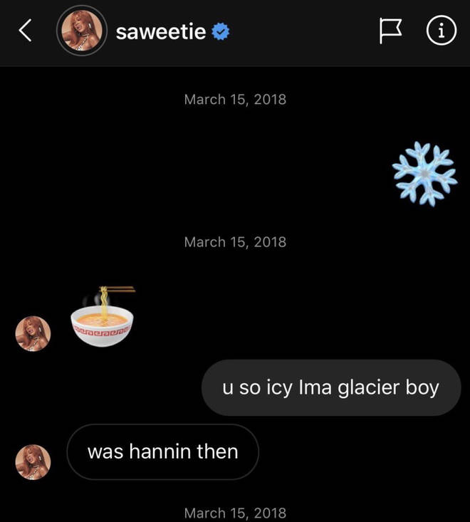 Saweetie shared a screenshot of her first conversation with Quavo via DM