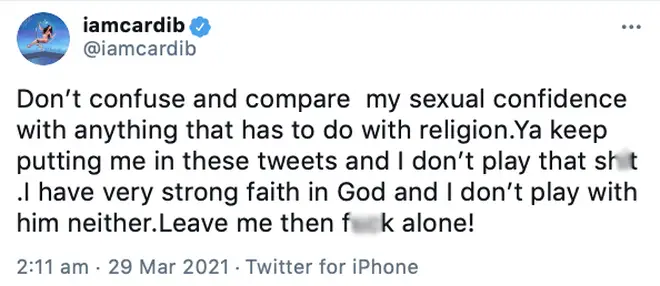 Cardi B claps back at people doubting her faith due to her sexual confidence.